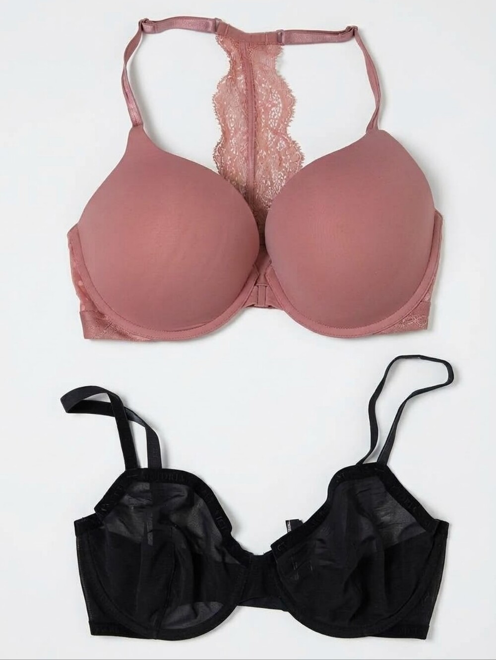 Two NEW Victoria's Secret -Lace Racerback Bra Mauve + Sheer Black Underwire 34DD